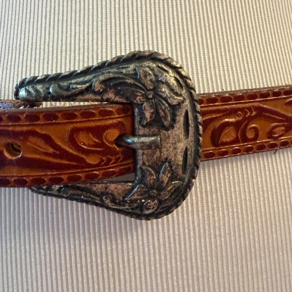 Unbranded Tooled Leather Belt Womens 32 Western Floral Engraved Buckle Boho
